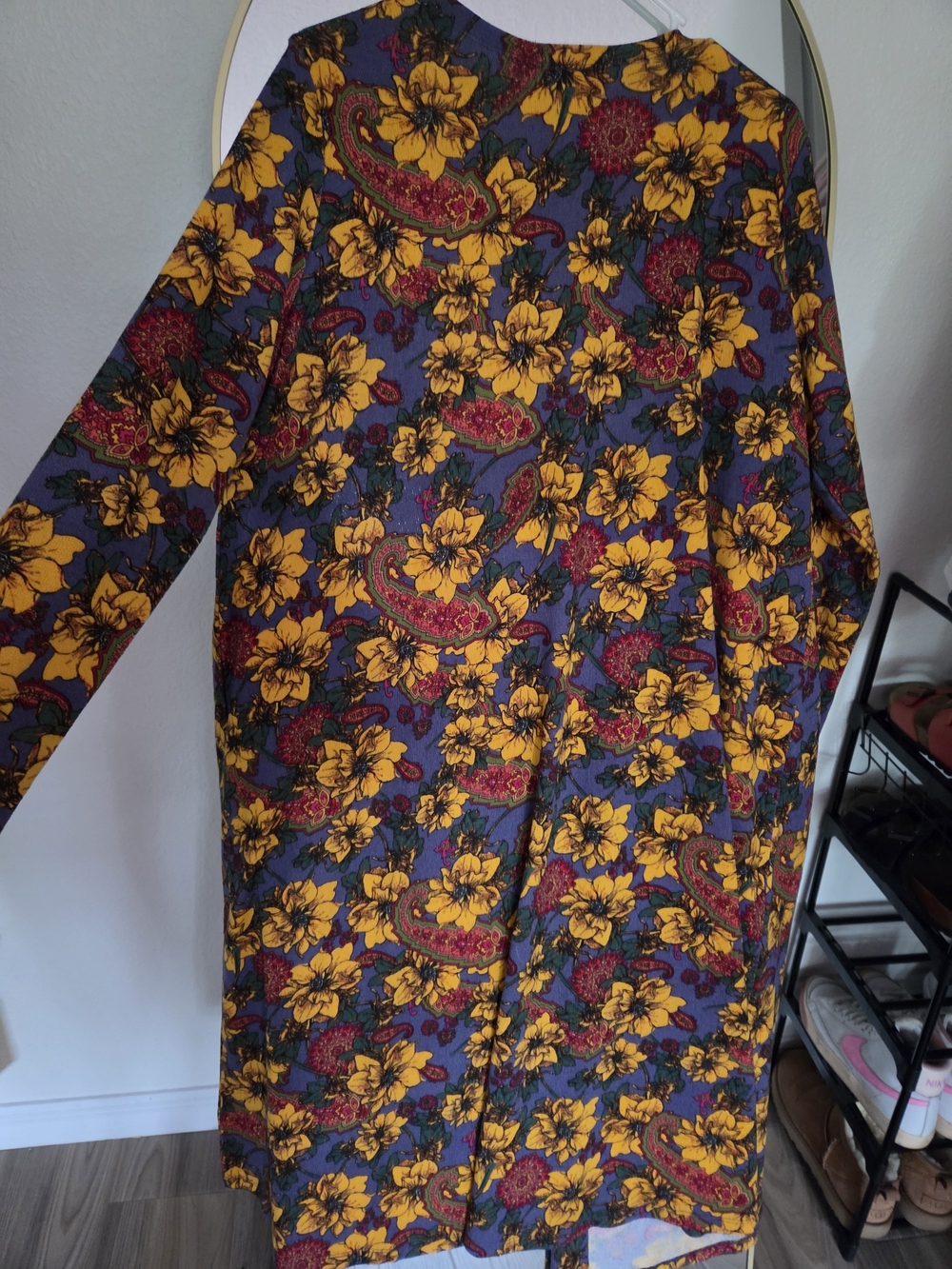 Floral Long Open Cardigan - Yellow & Burgundy on Navy - Picture 7 of 9